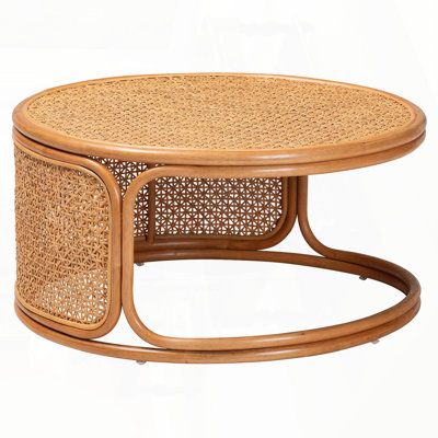 Bohemian Honey Rattan Round Coffee Table with Geometric Weave