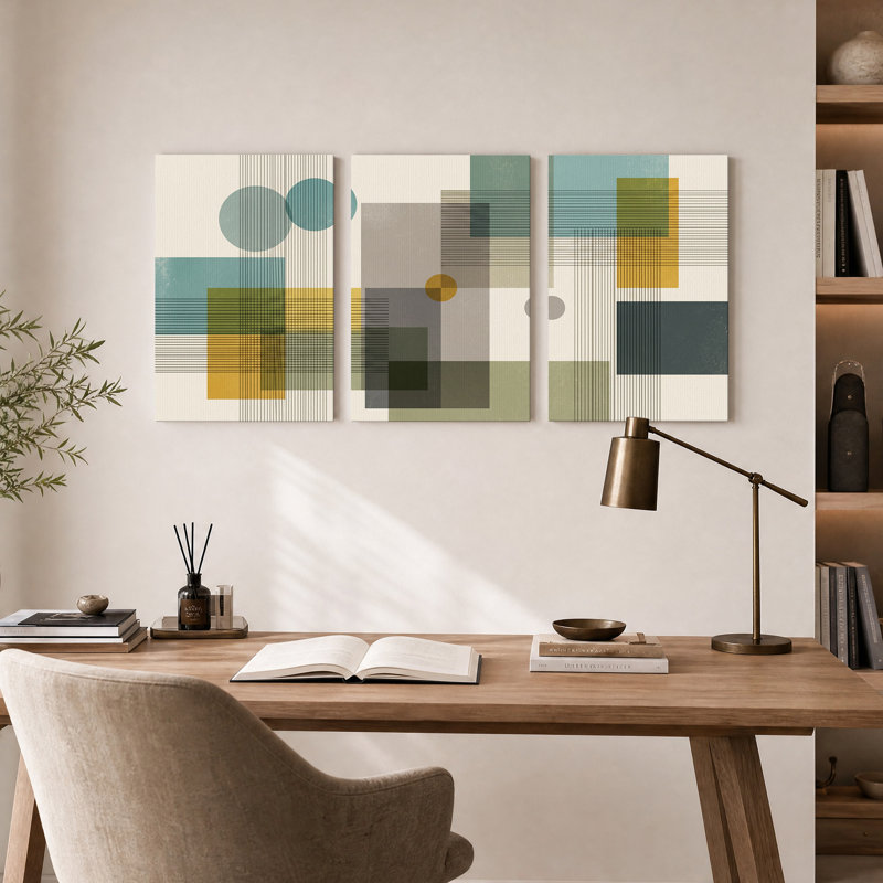 Ensemble de 3 toiles murales géométriques turquoise et moutarde, composées de cercles et de carrés., 36"H x 24"W x 3pcs