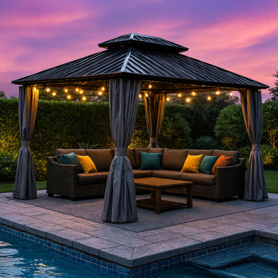 Pavillons de jardin 10 pi x 10 pi IRON avec moustiquaire et rideaux d'intimité
