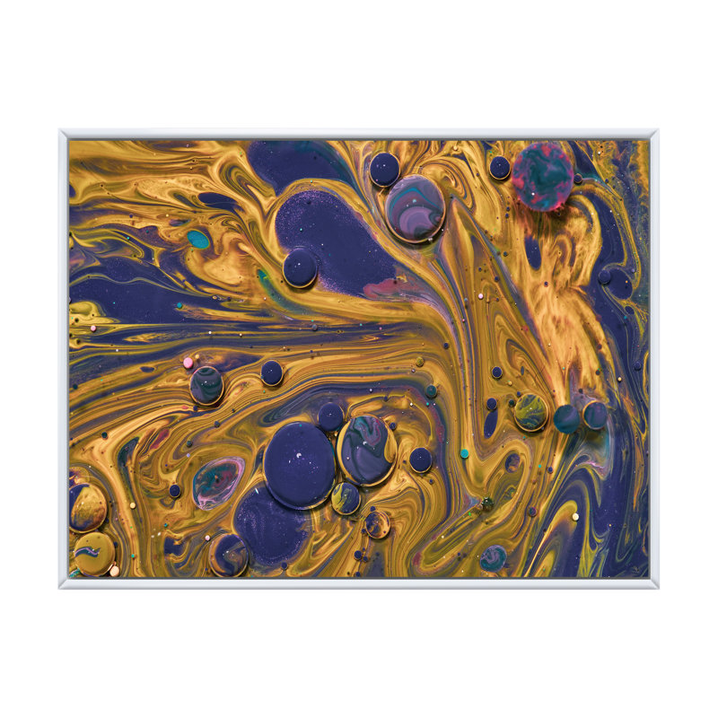 Art en acrylique jaune et bleu, H 16 po x l 32 po x P 1,5 po, Toile encadrée flottée blanche
