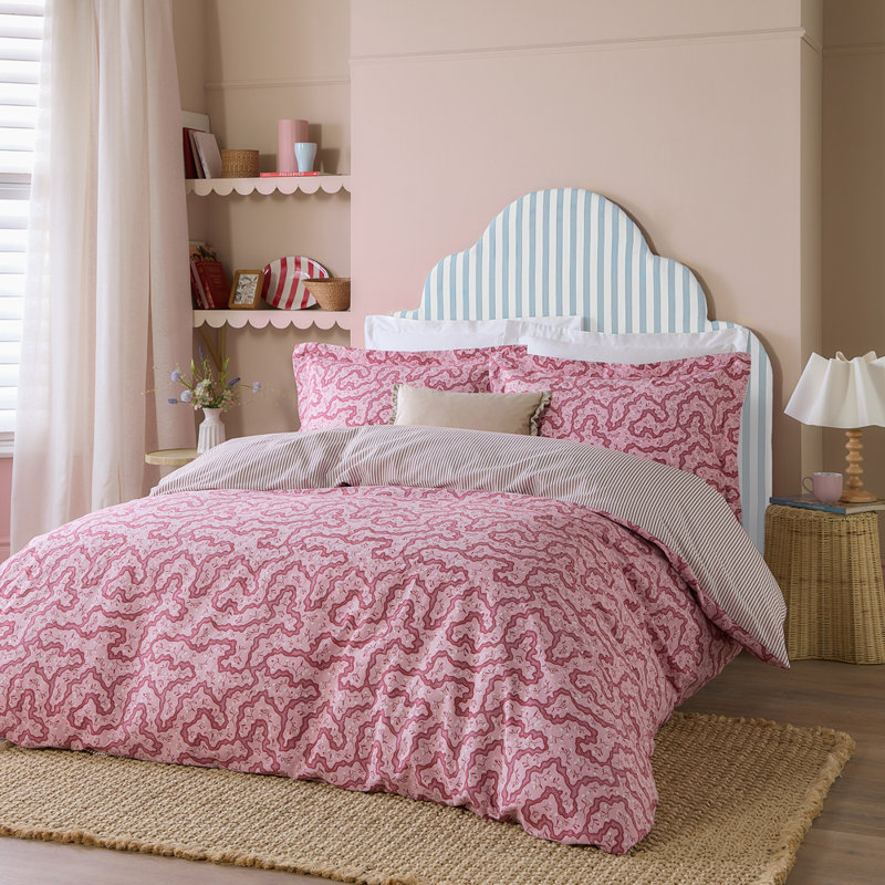 Brianna Cotton Striped Duvet Cover Set with Pillowcases Included, Cherry, Double Duvet Cover + 2 Standard Pillowcases