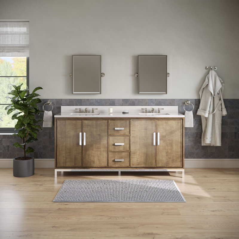 Brookhn 72 In. Double sink Quartz top Bath Vanity in Lustrous Walnut with Hook Faucet and Mirror, Mirror Included