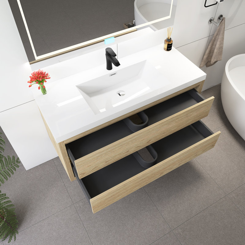 Meuble-lavabo mural 48 po avec lavabo, Bois de chêne naturel