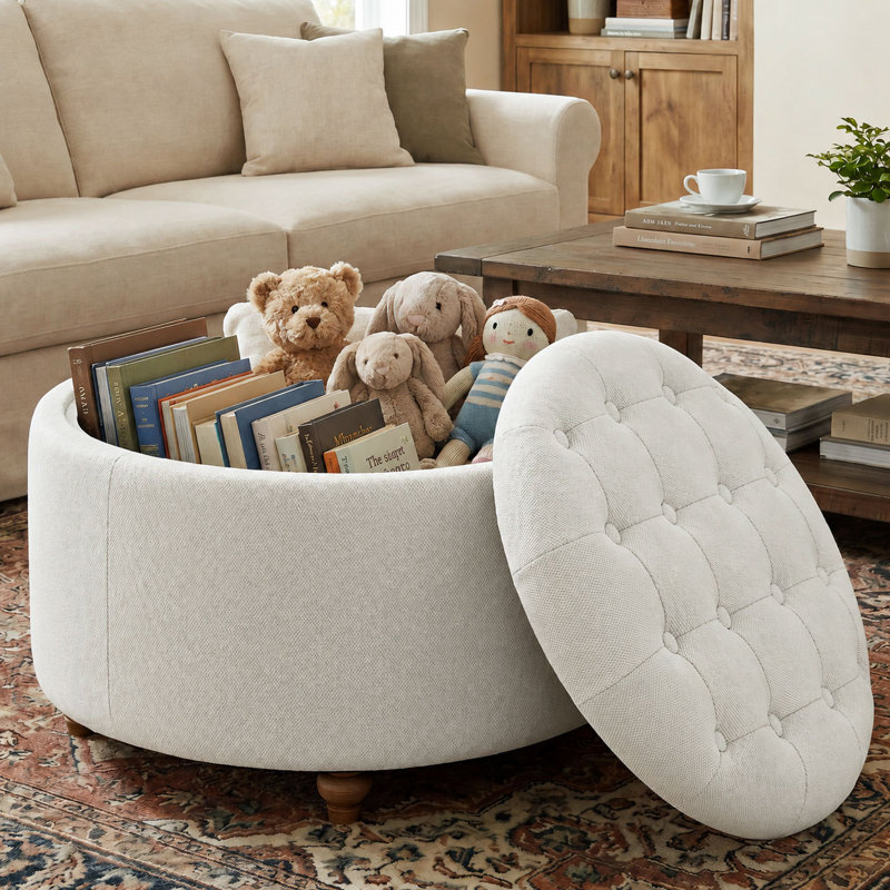 Repose-pieds rembourré avec rangement et coussin capitonné, Beige