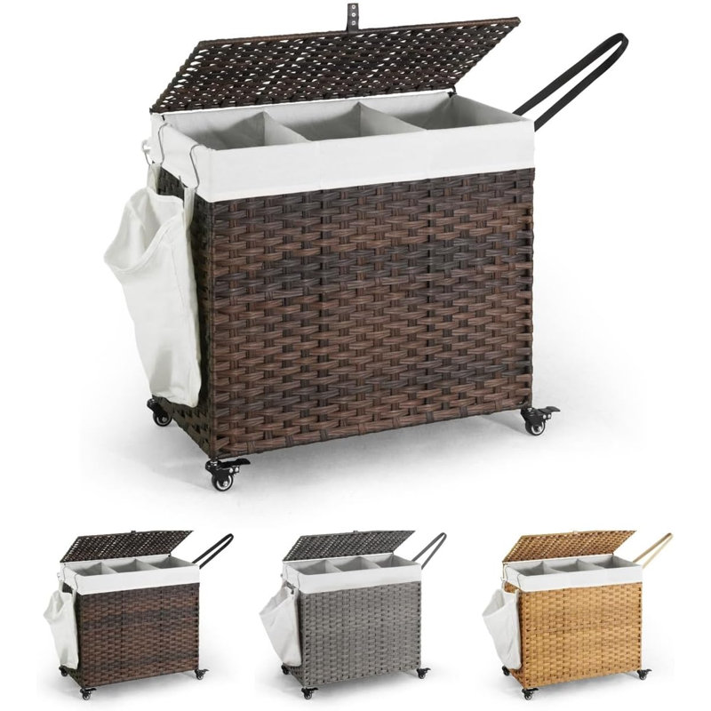 CAPHAUS Rattan Laundry Basket with Wheels, 140L-160L Capacity, Removable Liner Bags, 3colors, Brown