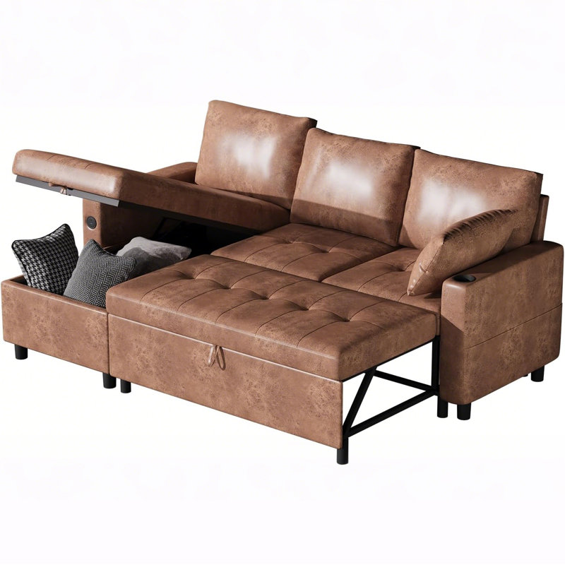Canapé-lit convertible 83,5 po avec lit escamotable, Cuir brun
