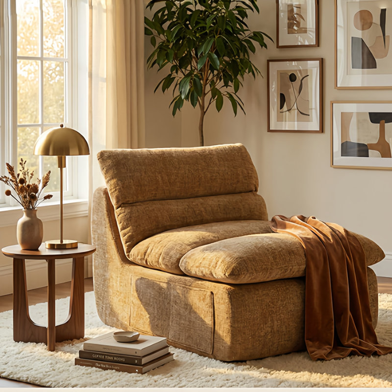 Armless Chenille Giant Bean Bag Chair 32" Extra Large Floor Lounger with Removable Cushion and High-Resiliency Support