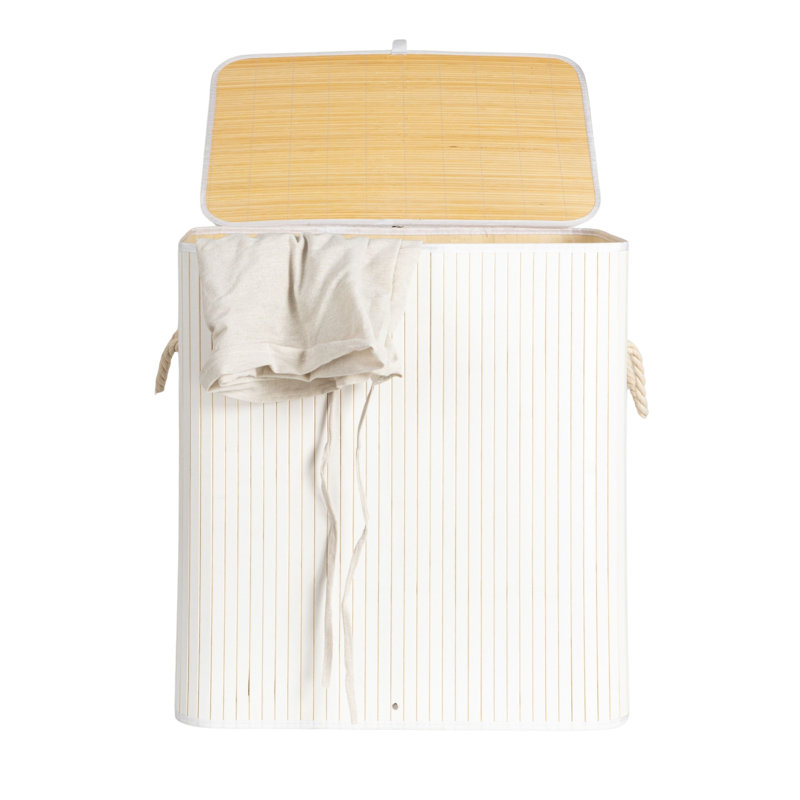 Bamboo Double Laundry Hamper with Rope Handles, Lid and Removable Machine Washable Laundry Bag, 39-Gallons, White