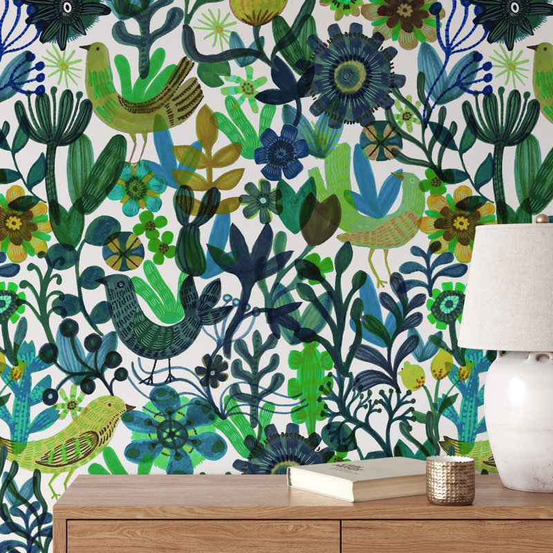 Blue Botanical Birds Scandinavian Wallpaper