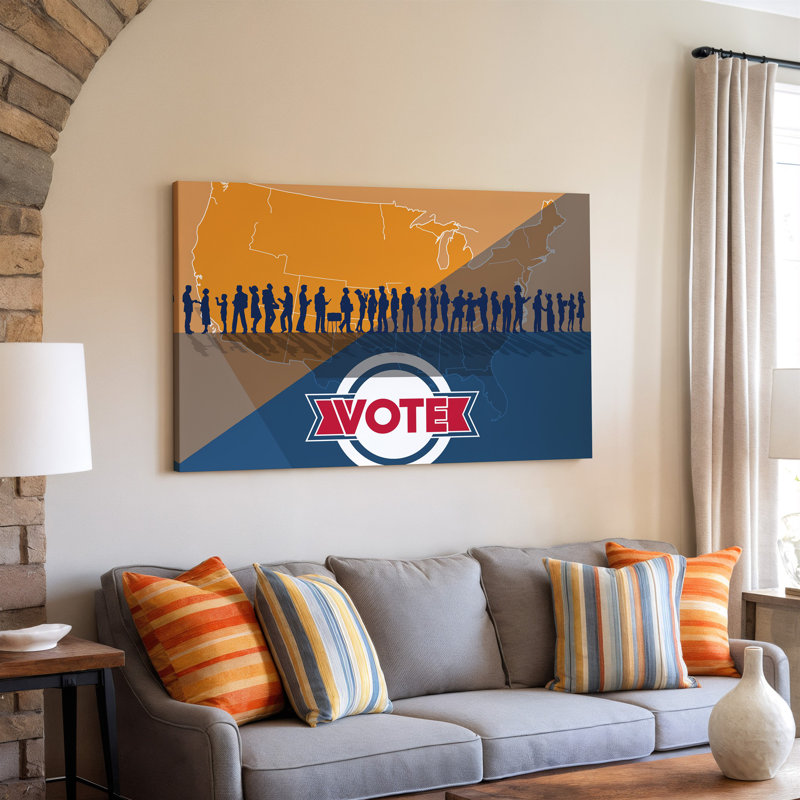 Toile, "Design a Vibrant", affiche présentant une silhouette stylisée d'art mural, une carte divisée en tons terreux chauds d'orange et toile