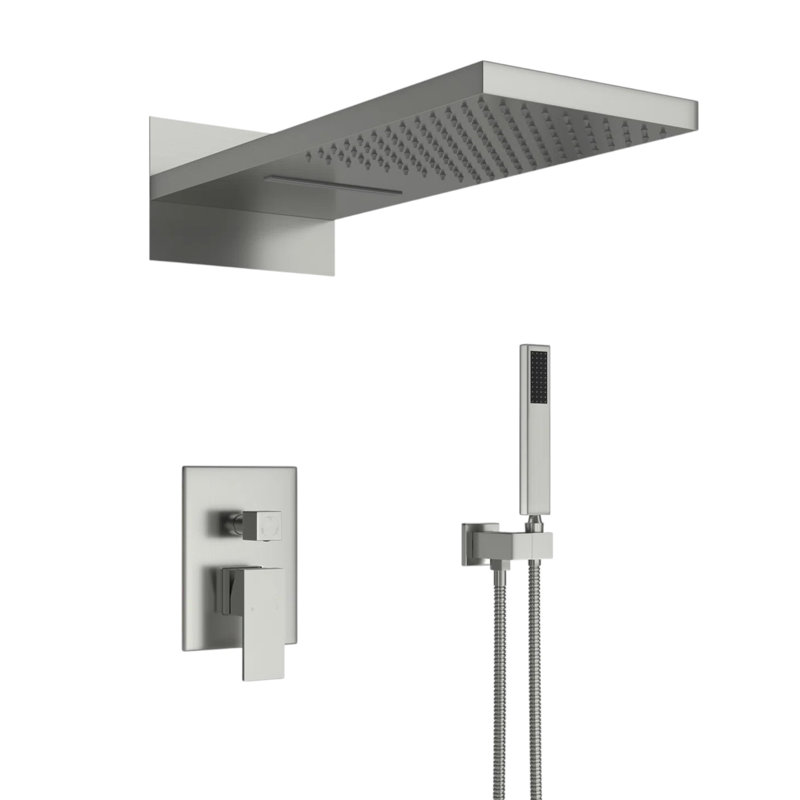 Ensemble de robinet de douche rectangulaire à 3 fonctions Cascade Bliss Modern Luxury, Nickel brossé