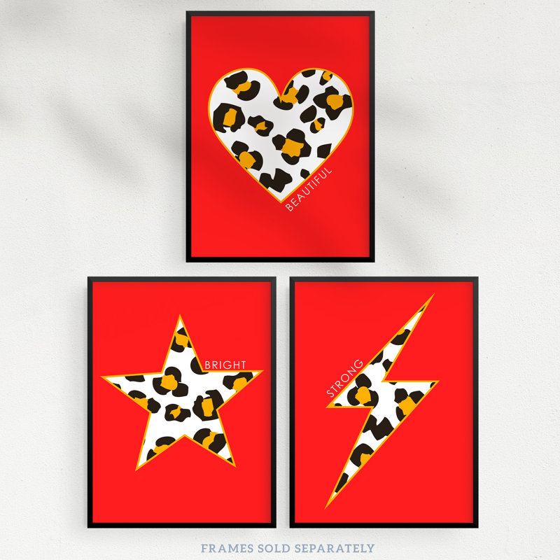 Leopard Pattern Heart Lightning Star Shape Red Motivational - 3 Piece No Frame Print Set, Multicoloured Red