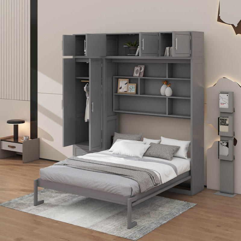 Lit escamotable mural avec rangement, lit pliable avec armoire supérieure, tablettes et garde-robe, Gris
