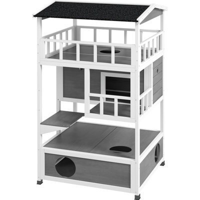 Outdoor Wooden Cat Shelter, Gray, With Asphalt Roof, Escape Doors And Dynamic Jumping Area House, Gray Jump Platform For Cats