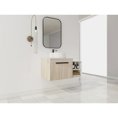 Meuble-lavabo flottant de 36 po au design moderne avec lavabo d'art en céramique, dalle de pierre plate blanche et petites tablettes de rangement, porte à fermeture en douceur, ensemble KD (Top-BAB400MOWH)
