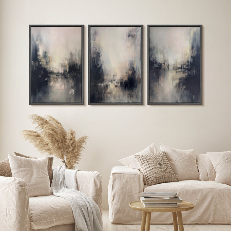 «Neutral Misty Atmosp sphérique Landscape Triptych», reproduction d'art encadrée sur toile, 3 pièces, Noir