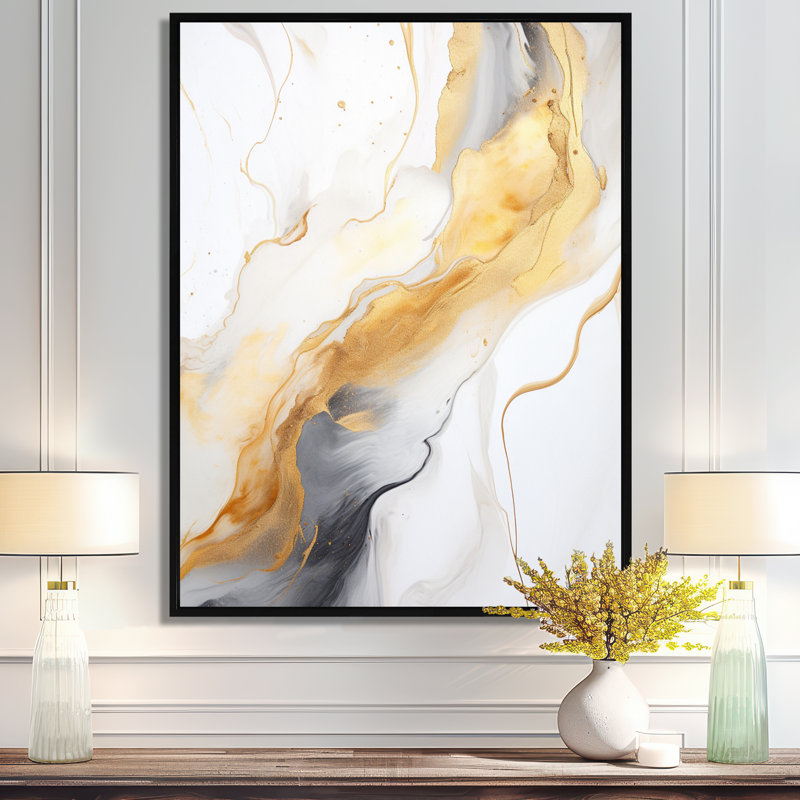 Agate Art or blanc gris - impression d'art mural en marbre, Toile avec cadre flottant noir, H 40 po x l 30 po x P 1,5 po