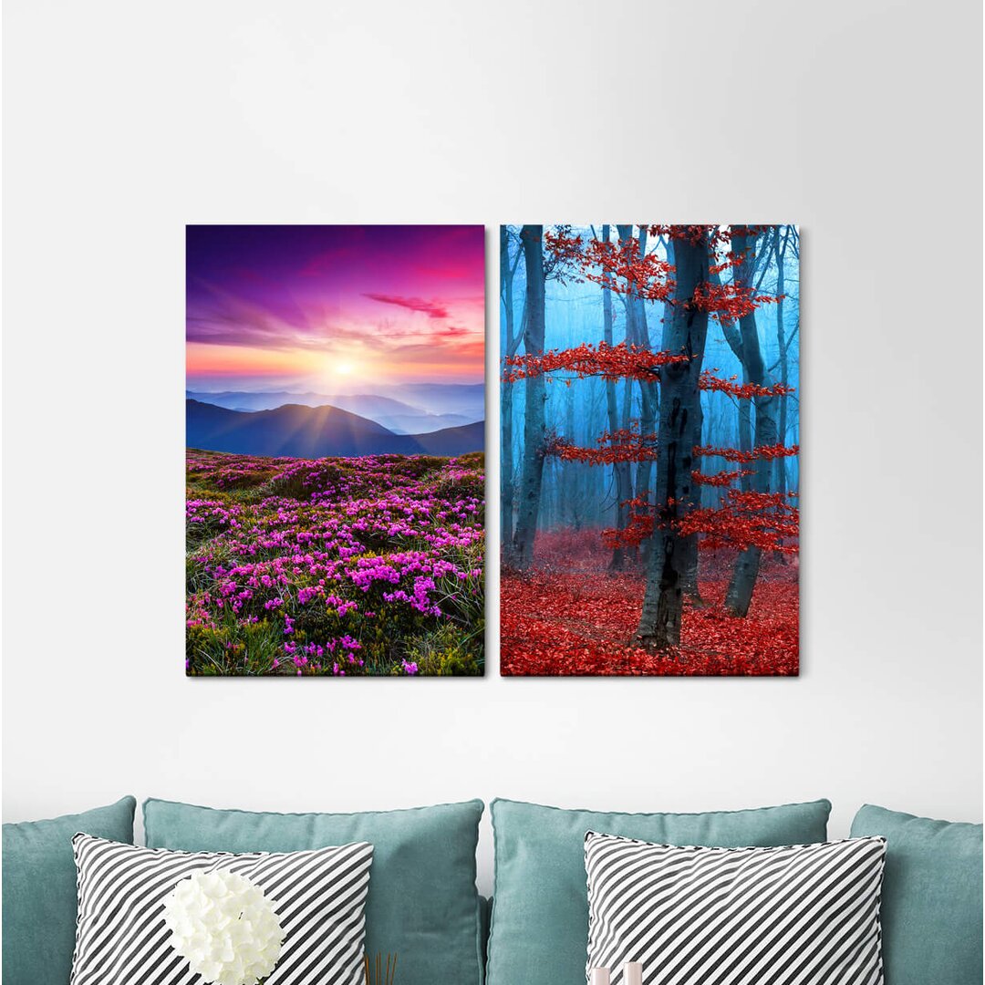 2-tlg. Leinwandbilder-Set - Fotografie "Bergwiese Bergblumen Berge Wald Rote Blätter Sonnenuntergang Laub"