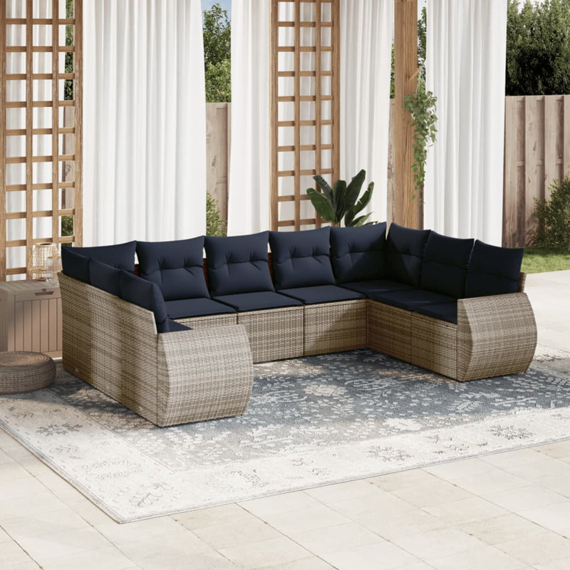 Ensemble de canapé de patio 10 pièces avec coussins en rotin de polyester noir, Coussin bleu marine / structure grise
