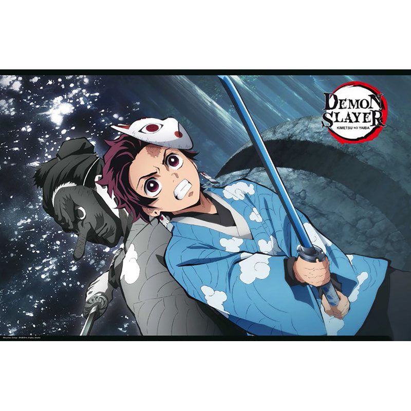 ACHETER DE L'ART POUR MOINS Sous licence officielle de tueur de démons Tanjiro et épée bleue Urukodaki, affiche d'art 36 x 24 po - reproduction décorative - papier affiche - prêt à encadrer