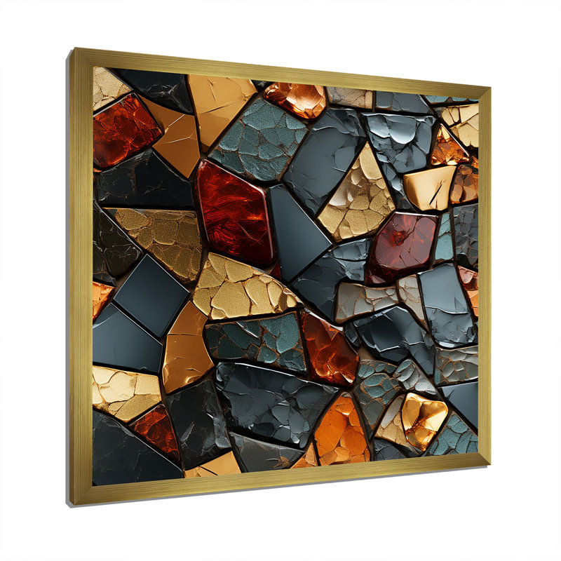 Cubic Mosaic Marble Tiles II - Abstract Tile Wall Art, Cadre doré simple, H 16 po x l 16 po x P 1 po