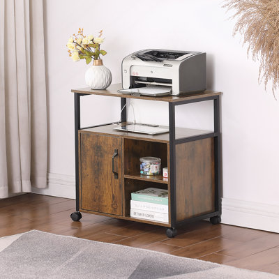 Classeur, classeurs de bureau avec prise et port de chargement USB, support pour imprimante avec rangement pour format A4, format lettre, cadre latéral en métal, installation facile pour le bureau personnel, brun rustique et noir
