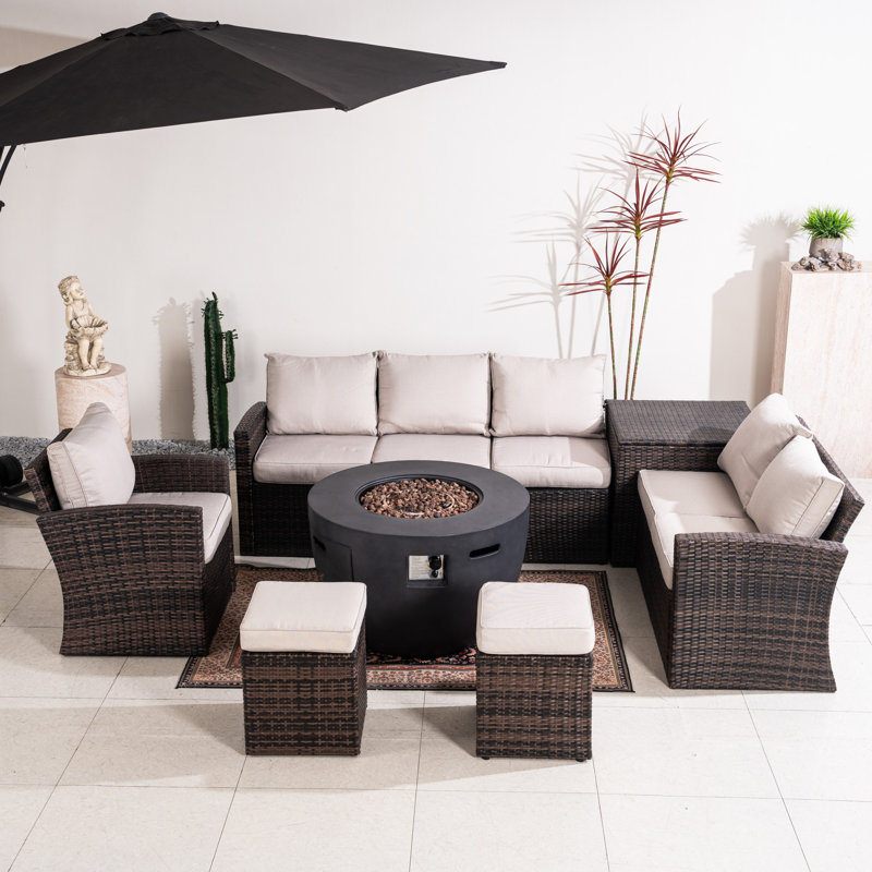 Ensemble repas pour 6 personnes en osier avec table ronde, coussins inclus, Coussin beige / structure brune