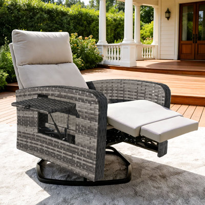 Fauteuil inclinable d'extérieur, fauteuils inclinables en osier de patio avec dossier réglable et repose-pieds allongé, chaises de patio inclinables avec table rabattable et housse de coussin amovible pour porche gris beige