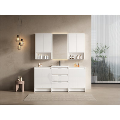 Ensemble de meuble-lavabo autoportant blanc brillant 72 po avec lavabo en résine, 2 armoires de rangement et 2 armoires murales, portes / tiroirs à fermeture en douceur, contreplaqué (KD-Packing)