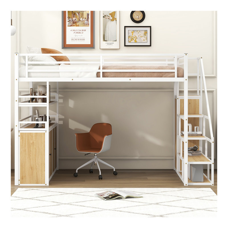 Lit mezzanine double en métal avec escalier de rangement et garde-robe, tablettes et casiers, blanc