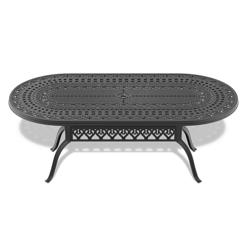 Table de salle à manger en fonte d'aluminium avec cadre et trou pour parasol