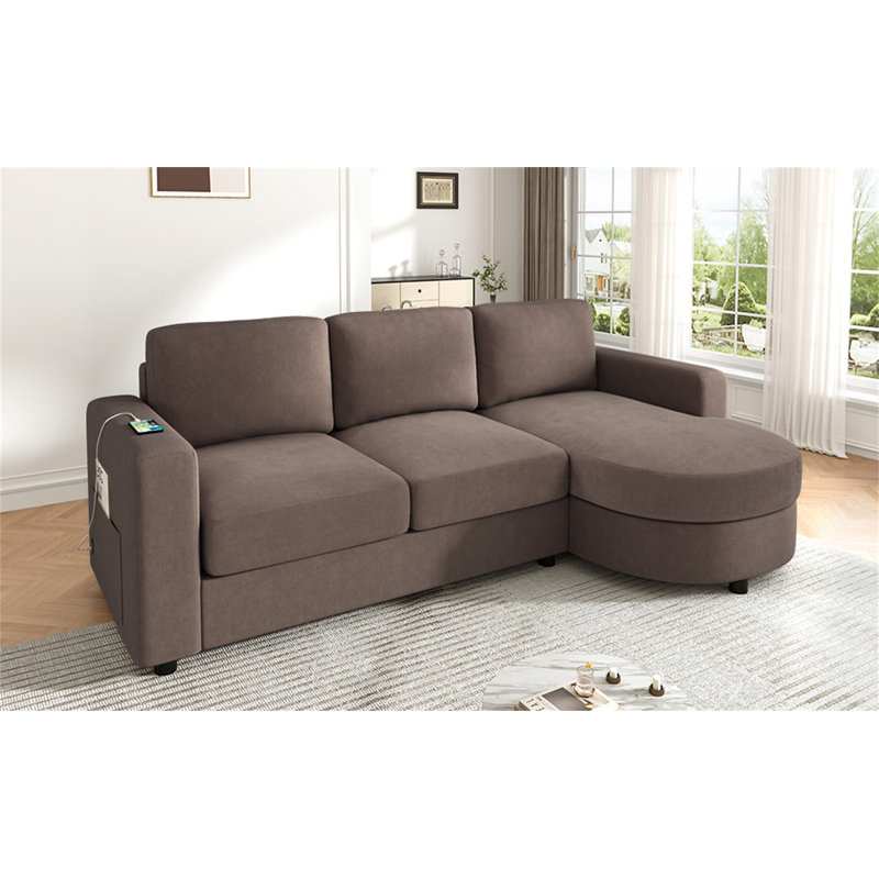 Canapé modulaire moderne en L de 84,6 po avec méridienne incurvée, Chenille brun
