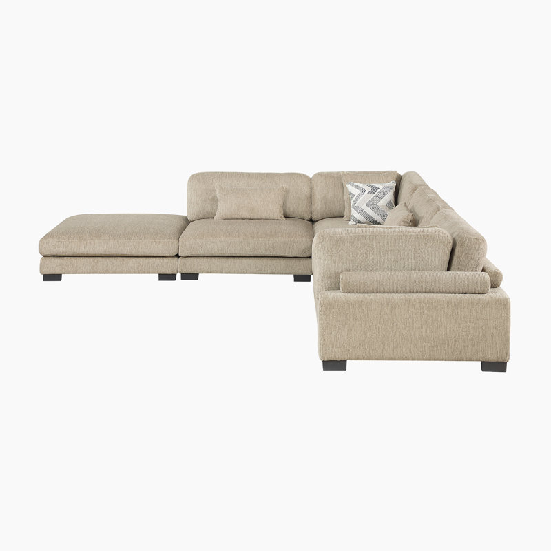 Canapé modulaire moderne 135 po avec tissu en microfibre Brinsley, repose-pieds inclus et 6 coussins, Microfibres brunes