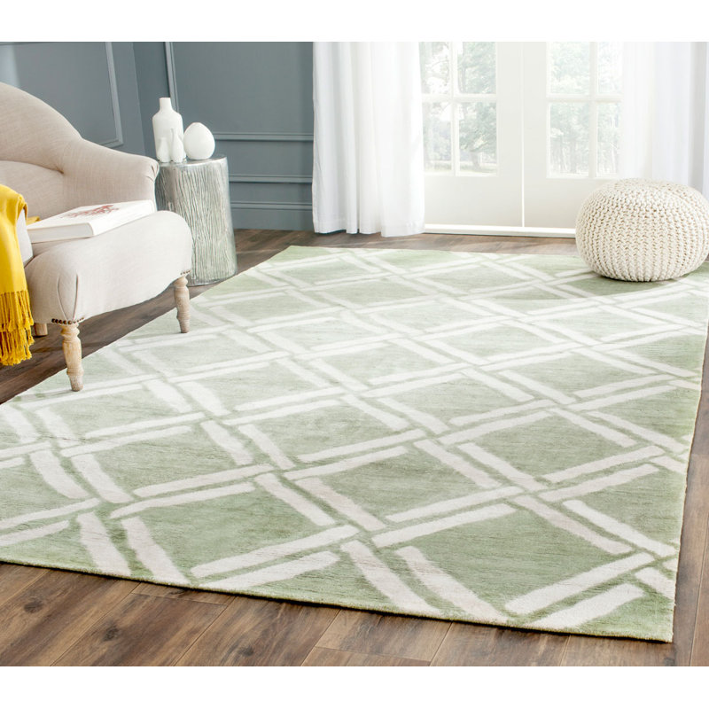 Tapis vert / ivoire en coton noué à la main Emmariah, Rectangle 6 pi x 9 pi