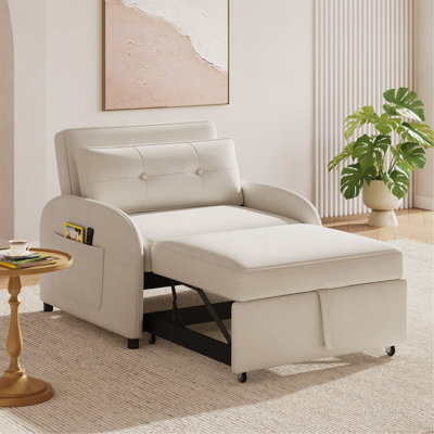 3-in-1 Convertible Sleeper Sofa Bed with Pillow & Pocket, Loveseat Sleeper Chair in Soft Cotton Linen, for Living Room, Bedroom, Study, Apartment, Beige
