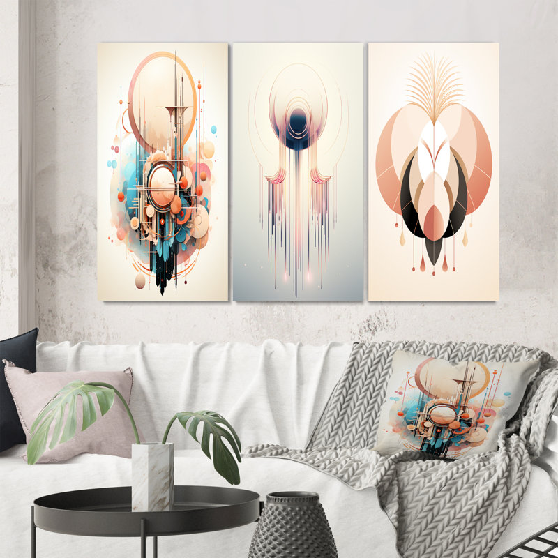 «Glorious Elegance Nouveau Abstract Geometric III», 3 pièces sur toile, Toile tendue, H 40 po x l 60 po