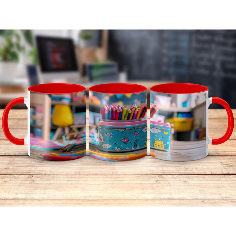 Kids Drawing Style 11oz Accent Mugs – Ceramic Coffee Cup with a Red Handle and Interior