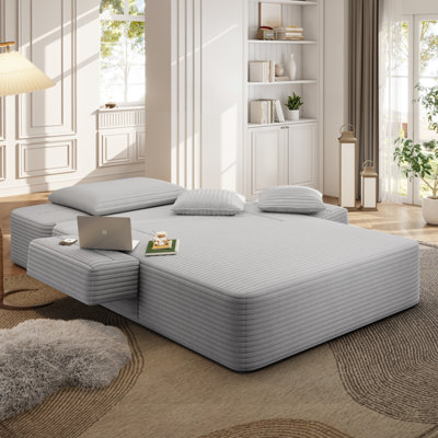 Luxueuse chaise longue en velours côtelé moelleux avec 3 coussins, canapé-lit convertible avec poche de rangement, conception sans cadre et mousse de compression pour les petits espaces, salon, appartement, gris clair