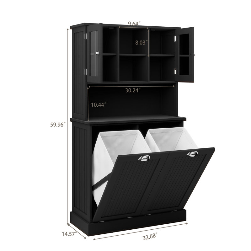 Armoire de salle de bain noire haute. Fabriqué avec E1 pour plus de stabilité, charge de 150 lb. Double tablette de rangement réglable. Séparez les sacs amovibles sales. Poignée carrée simple mais élégante.