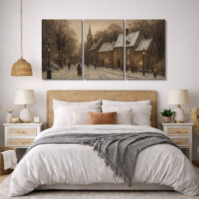 «Snowy European Village Winter Street Scene», reproduction d'art sur toile encadrée
