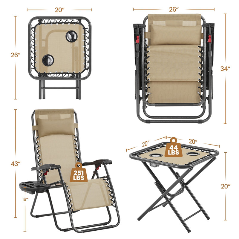 Chaises d'extérieur sans gravité avec table, Beige/noir