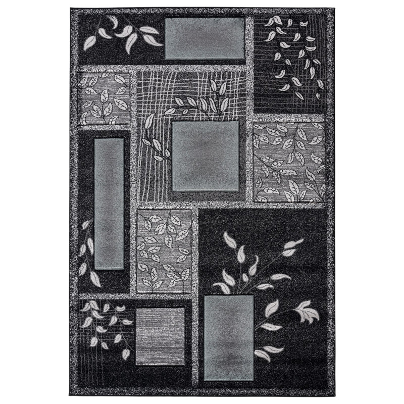 Floral gris foncé/noir/bleu Tapis décoratif, Rectangle 8 pi 7 po x 11 pi 11 po