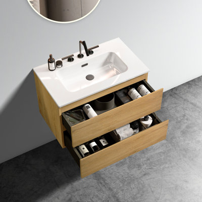 30" Natural Oak Bathroom Vanity With Ceramic Sink And 3 Faucet Holes - Modern, Silent Drawer, Spacious Cabinet Spacious, Drawer