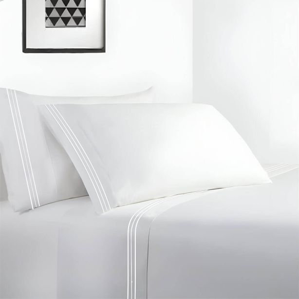 400TC Cotton Sateen Classic Embroidery Cotton 4 Piece Sheet Set Fitted Sheet Fits Upto 16" Deep Pocket, Full Sheet Set, White