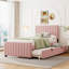Lit plateforme tapissier simple en velours avec lit gigogne simple, rose-1109763745
