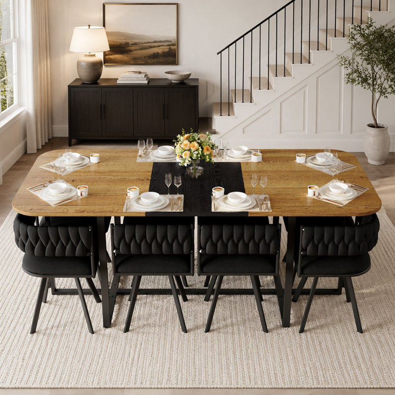 Ensemble de table de salle à manger 9 pièces 9 pièces avec plateau en triamine deux tons et 8 chaises en velours noir, parfait pour les réunions de famille et les cuisines modernes