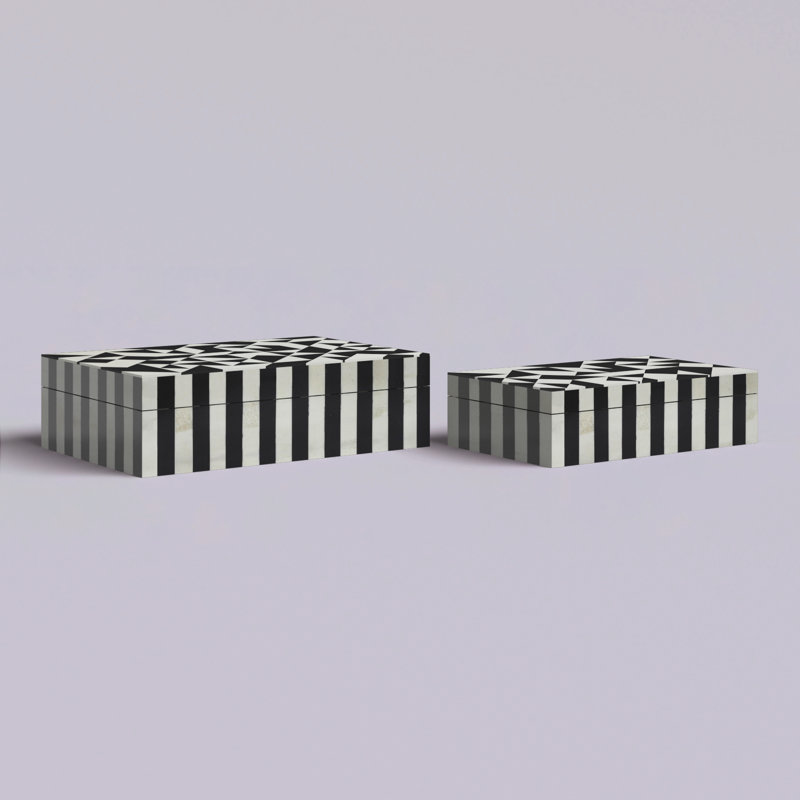 Ensemble de 2 boîtes de rangement boîtes à souvenirs en polyrésine arlequin noir et blanc 10 "et 12"