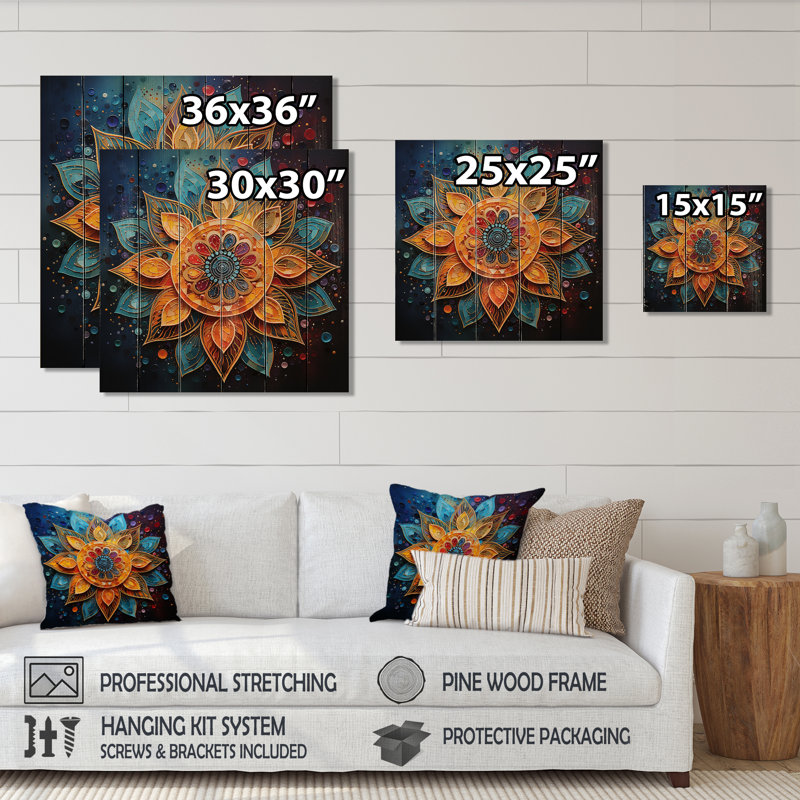 Mandala yoga sarcelle doré pointillisme sur bois, H 35 po x l 35 po x P 0,78 po