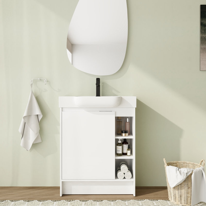 Meuble-lavabo simple autoportant 28 po avec plateau en céramique et portes à fermeture douce 28 po, Blanc