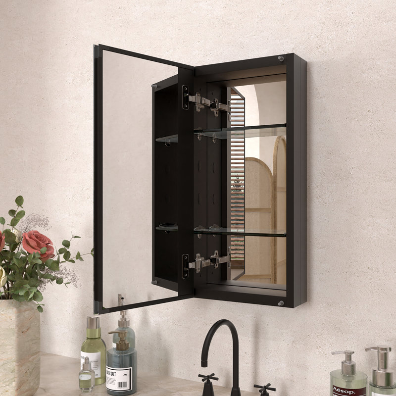Armoire à pharmacie sans cadre 24 H x 12 avec porte miroir pour rangement mural encastré ou en surface, Noir mat